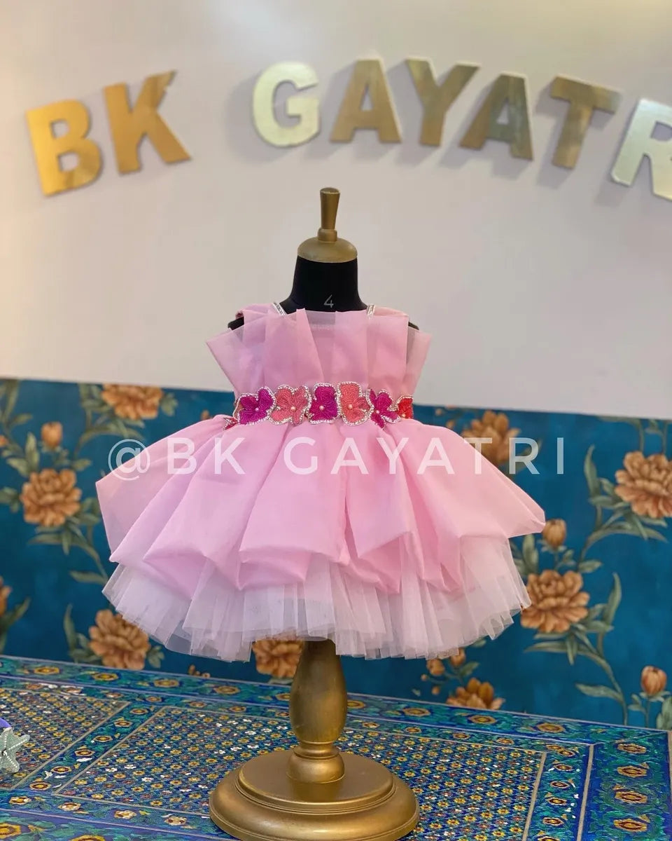 Flower Belt Knee Length Dress – Kids Designer Dress | BK Gayatri Official