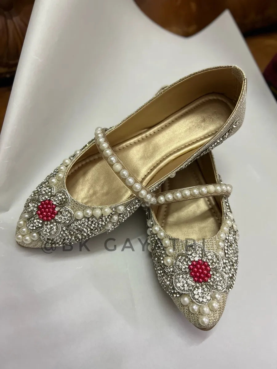 Gold And Swarovski Pearl Shoes – Kids Designer Wear | BK Gayatri Official