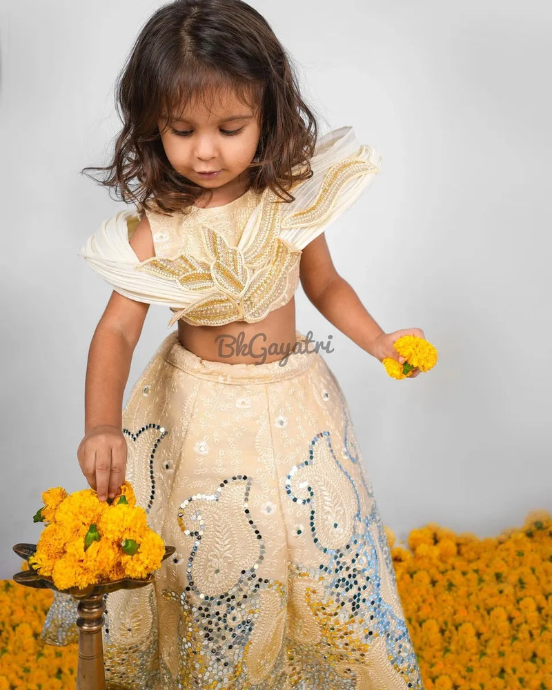 Beige Structured Mirror Lehenga – Kids Designer Lehenga | BK Gayatri Official