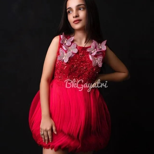 Red Draped Butterfly Dress – Kids Designer Dress | BK Gayatri Official